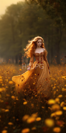 High Resolution: Ethereal fair-skinned woman with long red hair standing in golden wildflower field at sunset download. | HRJPG.com