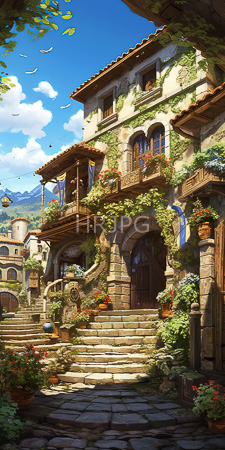 High Resolution: Intricate rustic Mediterranean village house with stone walls and wooden balconies adorned in lush greenery and vibrant flowers download. | HRJPG.com