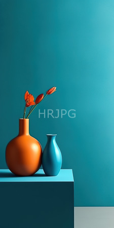 High Resolution: Two vases on teal-colored background; left vase is round orange with three red-orange flowers and buds inside it right vessel is slender blue shape download. | HRJPG.com
