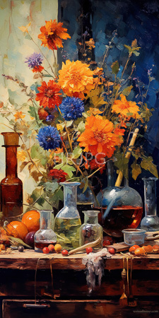 High Resolution: Vibrant still life scene with colorful flowers including orange and blue dahlias in various vases of different shapes download. | HRJPG.com
