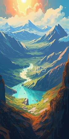 High Resolution: Expansive mountain landscape at sunset featuring vibrant colors and dynamic lighting effects download. | HRJPG.com
