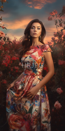 High Resolution: Attractive young woman with long wavy brown hair and light olive skin standing in front of blooming pink flowers at sunset download. | HRJPG.com