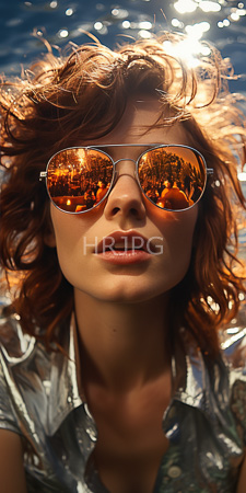 High Resolution: Attractive young woman with wavy reddish-brown hair and fair skin wearing reflective orange-tinted aviator sunglasses download. | HRJPG.com