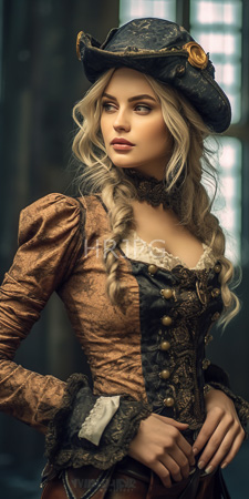 High Resolution: Attractive young woman with wavy blonde hair wearing elaborate Victorian-era attire featuring brown and black lace-trimmed dress download. | HRJPG.com