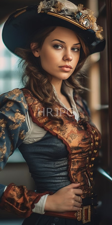 High Resolution: Attractive young woman with fair skin and wavy brown hair wearing elaborate historical attire featuring gold embroidery on her blue-gray dress download. | HRJPG.com
