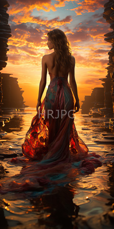 High Resolution: Woman with wavy light brown hair standing in shallow water at sunset wearing an open-back gown made of sheer red and blue fabric download. | HRJPG.com