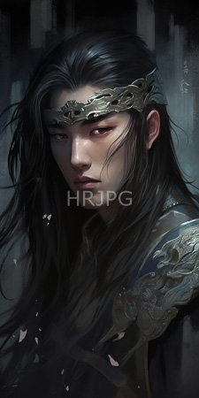 High Resolution: Androgynous Asian male with long black hair wearing ornate golden armor adorned in intricate patterns on his shoulders download. | HRJPG.com