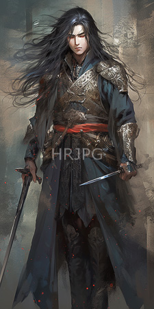 High Resolution: Intense long-haired male warrior with pale skin and red eyes wearing ornate gold armor over dark robes download. | HRJPG.com