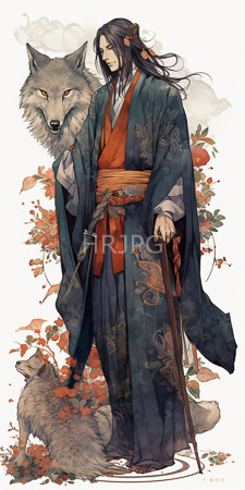 High Resolution: East Asian man with long black hair wearing ornate blue and green kimono adorned with floral patterns download. | HRJPG.com