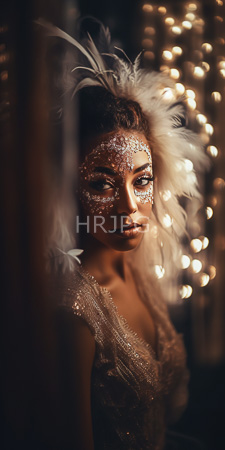 High Resolution: African-American woman with dark skin wearing glittery white feathered headpiece and sparkling face paint on her cheeks download. | HRJPG.com