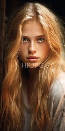 High Resolution: Ethereal young woman with long wavy blonde hair and fair skin standing in soft light against dark background download. | HRJPG.com