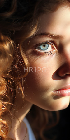 High Resolution: Close-up attractive young woman with fair skin blue eyes and curly red-brown hair illuminated by sunlight from her right side download. | HRJPG.com