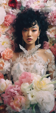High Resolution: Asian woman with medium brown skin and curly black hair lying amidst vibrant pink peonies in full bloom download. | HRJPG.com