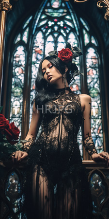 High Resolution: Asian woman with long black hair wearing intricate lace lingerie adorned with red roses in her updo and on wrists download. | HRJPG.com