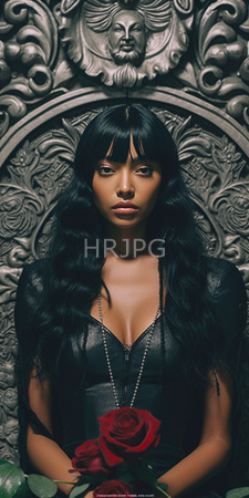 High Resolution: African-American woman with long wavy black hair and bangs wearing a low-cut leather top that reveals her cleavage download. | HRJPG.com
