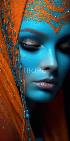 High Resolution: Ethereal woman with striking blue face paint closed eyes adorned in shimmering dark eyeshadow and matte purple lips download. | HRJPG.com