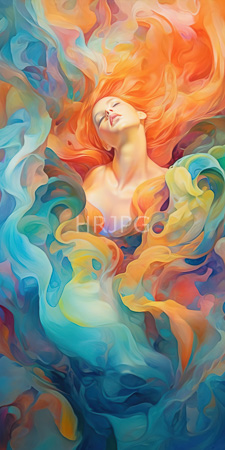 High Resolution: Ethereal woman with flowing vibrant orange hair surrounded by swirling clouds of colorful smoke download. | HRJPG.com