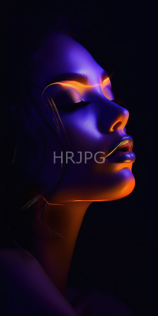High Resolution: Ethereal dark-skinned woman with closed eyes and serene expression against black background illuminated by vibrant purple-blue light download. | HRJPG.com