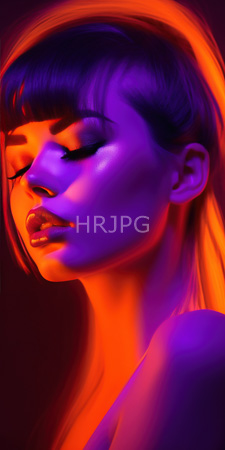 High Resolution: Asian woman with closed eyes purple and orange neon lighting highlighting her smooth skin download. | HRJPG.com