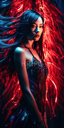 High Resolution: Asian woman with long flowing black hair and pale skin standing against a vibrant red feathered background illuminated by soft lights download. | HRJPG.com