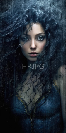 High Resolution: Ethereal woman with striking blue eyes pale skin and voluminous curly black hair that appears wet or wind-swept against her face download. | HRJPG.com
