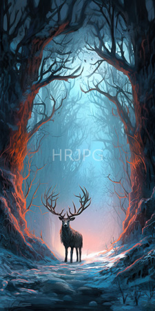 High Resolution: Imposing dark-furred stag with large antlers standing in a snow-covered forest path under eerie blue and orange glowing trees download. | HRJPG.com