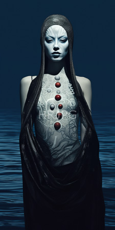 High Resolution: Ethereal pale-skinned woman with intricate tattoos covering her chest and arms wearing long black mesh hair over white face paint-like makeup download. | HRJPG.com