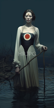 High Resolution: Ethereal woman standing in dark reflective water with reeds visible on her left side download. | HRJPG.com