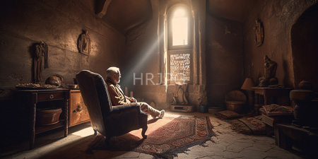 High Resolution: Elderly white man with short gray hair sitting in worn blue velvet armchair on ornate red rug in dim room download. | HRJPG.com