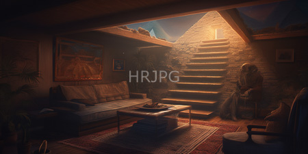 High Resolution: Dim warmly lit living room with rustic decor; stone staircase illuminated by sunlight from above leads to loft area download. | HRJPG.com