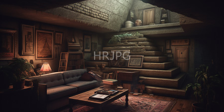 High Resolution: Atmospheric dim-lit basement living room with rustic charm and vintage decor download. | HRJPG.com