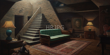 High Resolution: Old dim-lit brick-walled room with wooden floors and patterned rug; green upholstered sofa centered on stairs leading to upper floor download. | HRJPG.com