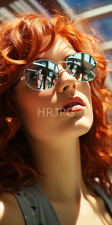 High Resolution: Attractive young woman with curly vibrant red hair and fair skin wearing reflective aviator sunglasses that mirror urban architecture download. | HRJPG.com