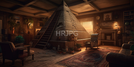 High Resolution: Ancient dim-lit room featuring a large stone pyramid with weathered texture and wooden staircase in center download. | HRJPG.com