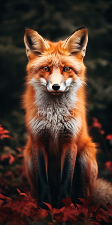 High Resolution: Alert vibrant red fox with striking orange fur and white underbelly sitting amidst dark green foliage adorned by autumnal leaves download. | HRJPG.com
