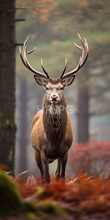 High Resolution: Imposing male deer with large intricate antlers standing in a misty forest during autumn download. | HRJPG.com