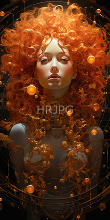 High Resolution: Ethereal fair-skinned woman with voluminous curly orange hair and glowing eyes against dark background download. | HRJPG.com