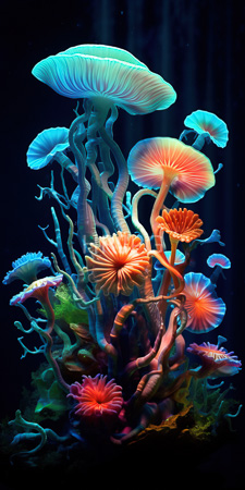 High Resolution: Vibrant bioluminescent mushrooms in an underwater setting against dark blue background download. | HRJPG.com