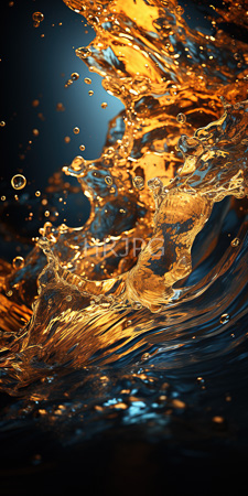 High Resolution: Dynamic golden-orange liquid splash against dark blue background download. | HRJPG.com