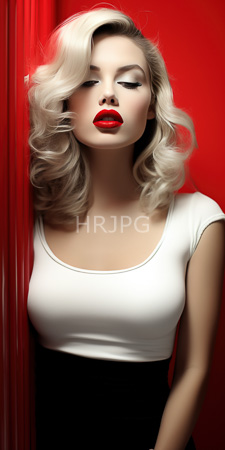 High Resolution: Attractive fair-skinned woman with platinum blonde curls and red lipstick against vibrant crimson curtains download. | HRJPG.com