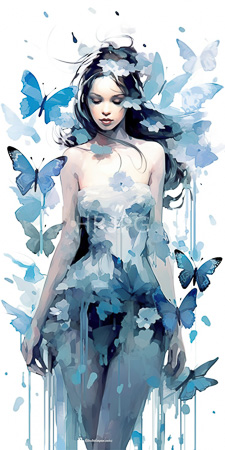 High Resolution: Ethereal fair-skinned woman with long black hair and closed eyes standing amidst blue butterflies on white background download. | HRJPG.com