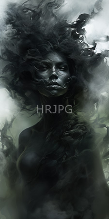 High Resolution: Ethereal dark-skinned woman with wild black hair and mist-like tendrils surrounding her head download. | HRJPG.com
