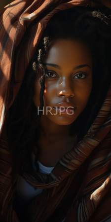 High Resolution: African-American woman with dark skin and natural curly hair partially covered by striped brown fabric draped over her head like a hooded cloak download. | HRJPG.com
