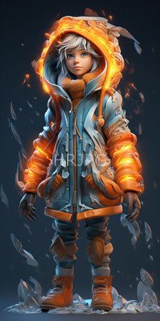 High Resolution: Androgynous child with pale skin white hair wearing a glowing orange-hooded winter coat over blue attire download. | HRJPG.com