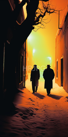 High Resolution: Two silhouetted men in long coats and hats walking down an orange-lit snowy alleyway at night download. | HRJPG.com