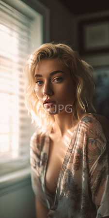 High Resolution: Attractive young blonde woman with wavy hair standing near sunlight streaming through blinds in her room download. | HRJPG.com