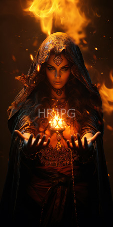 High Resolution: Enchanting dark-skinned woman with long wavy hair and intense eyes holding out her hands towards glowing orange flames download. | HRJPG.com