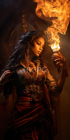 High Resolution: Asian woman with long wavy black hair holding a flaming torch in her right hand against dark background download. | HRJPG.com
