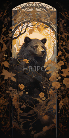 High Resolution: Anthropomorphic black bear with dense fur standing in front of intricate golden floral and vine patterns within an arched frame-like structure download. | HRJPG.com