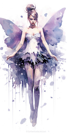 High Resolution: Watercolor painting of an ethereal fairy with purple and blue wings wearing a white strapless top over black tulle skirt download. | HRJPG.com